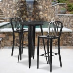 Flash Furniture Commercial Grade Round Metal Indoor-Outdoor Bar Table Set With 2 Vertical Slat Back Stools, 41inH x 24inW x 24inD, Black