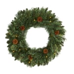 Nearly Natural White Mountain 24inH Pine Artificial Christmas Wreath With 35 LED Lights And Pine Cones, 24in x 4in, Green