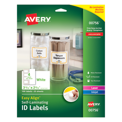 Avery Easy Align Self-Laminating ID Labels, AVE00756, 3 5/16in x 2 5/16in, White, Pack of 100