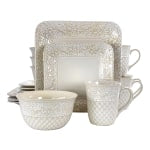 Elama 16-Piece Stoneware Dinnerware Set, Ivory Lotus