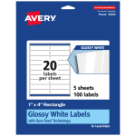 Avery Glossy Permanent Labels With Sure Feed, 94202-WGP5, Rectangle, 1in x 4in, White, Pack Of 100