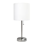 Creekwood Home Oslo Power Outlet Metal Table Lamp, 19-1/2inH, White Shade/Brushed Steel Base