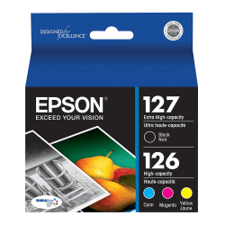 Epson 127/126 DuraBrite High-Yield Black And Cyan, Magenta, Yellow Ink Cartridges, Pack Of 4, T127120-BCS