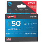 Arrow 50424 T50 Staples, #504, 1/4inL x 3/8inW, Silver, Box Of 1,250 Staples