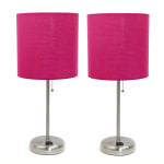 LimeLights Stick Desktop Lamps With Charging Outlets, 19-1/2in, Pink Shade/Brushed Nickel Base, Set Of 2 Lamps