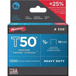 Arrow T50 Type Staples, 3/8in x 3/8in, Silver, Pack Of 1,250 Staples