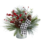 Nearly Natural 12inH Frosted Pine Cones And Berries Artificial Arrangement With Vase And Decorative Plaid Bow, 12inH x 10inW x 8inD, Green/Silver