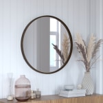 Flash Furniture Jennifer Round Metal-Framed Wall Mirror, 27-1/2inH x 27-1/2inW x 2inD, Brushed Bronze