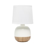 Simple Designs Petite Mid-Century Table Lamp, 12inH, White Shade/Light Wood/Off-White Base