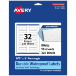 Avery Waterproof Permanent Labels With Sure Feed, 94214-WMF10, Rectangle, 5/8in x 3in, White, Pack Of 320