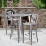 Flash Furniture Commercial-Grade Round Metal Indoor/Outdoor Bar Table Set With 2 Vertical Slat-Back Stools, Silver