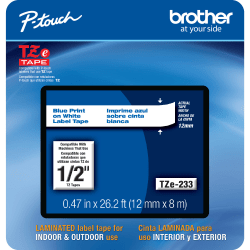 Brother TZE233CS Genuine P-Touch Laminated Label Tape, 1/2in x 26-1/4ft, White/Blue