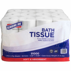 Genuine Joe 1-ply Jumbo Roll Bath Tissue - 1 Ply - 3.63in x 1200 ft - 8.88in Roll Diameter - White - Fiber - 12 / Carton