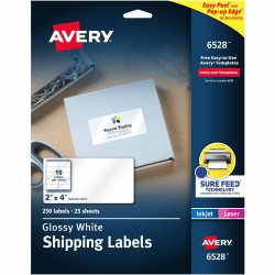 Avery Glossy Permanent Labels, 6528, Mailing, 2in x 4in, White, Pack Of 250