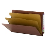 Smead End Tab Pressboard Classification Folders With SafeSHIELD Fasteners, 2 Dividers, Legal Size, 60% Recycled, Red, Box Of 10