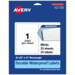 Avery Waterproof Permanent Labels, 94269-WMF25, Rectangle, 8-1/2in x 11in, White, Pack Of 25