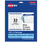 Avery Waterproof Permanent Labels With Sure Feed, 94214-WMF25, Rectangle, 5/8in x 3in, White, Pack Of 800