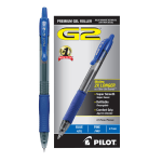 Pilot G2 Retractable Gel Pens, Fine Point, 0.7 mm, Clear Barrels, Blue Ink, Pack Of 12 Pens