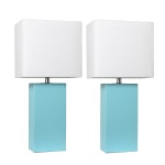 Elegant Designs Modern Leather Table Lamps, 21inH, White Shade/Aqua Base, Set Of 2 Lamps