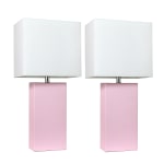 Elegant Designs Modern Leather Table Lamps, 21inH, White Shade/Blush Pink Base, Set Of 2 Lamps