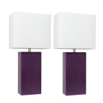 Elegant Designs Modern Leather Table Lamps, 21inH, White Shade/Eggplant Base, Set Of 2 Lamps