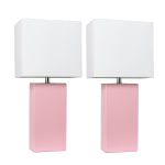 Elegant Designs Modern Leather Table Lamps, 21inH, White Shade/Pink Base, Set Of 2 Lamps