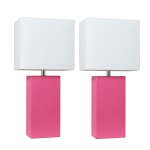 Elegant Designs Modern Leather Table Lamps, 21inH, White Shade/Hot Pink Base, Set Of 2 Lamps