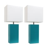 Elegant Designs Modern Leather Table Lamps, 21inH, White Shade/Teal Base, Set Of 2 Lamps