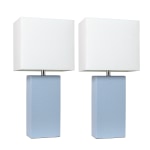 Elegant Designs Modern Leather Table Lamps, 21inH, White Shade/Periwinkle Base, Set Of 2 Lamps