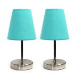 Simple Designs Sand Nickel Mini Basic Table Lamp Set with Blue Fabric Shades