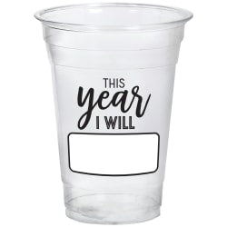 Amscan New Years This Year I Will Plastic Cups, 16 Oz, Clear, Pack Of 40 Cups