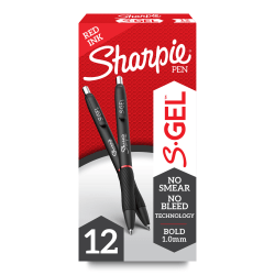 Sharpie S Gel Pens, Bold Point, 1.0 mm, Black/Red Barrel, Red Ink, Pack Of 12 Pens