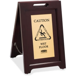 Rubbermaid Commercial Brass/Wooden Caution Sign, "Caution, Attention, Cuidado, Wet Floor", 15inW x 23 1/2inH, Espresso