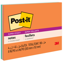 Post-it Super Sticky Notes, 8 in x 6 in, 4 Pads, 45 Sheets/Pad, 2x the Sticking Power, Energy Boost Collection