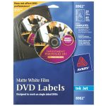 Avery Film DVD Labels, 8962, Round, 4-13/20in Diameter, White, 20 Disc Labels And 40 Spine Labels