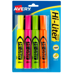 Avery Hi-Liter SmearSafe Highlighters, Chisel Tip, Desk-Style, Assorted, Pack Of 4