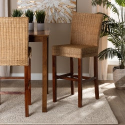 bali & pari Racquel Natural Rattan And Mahogany Wood Counter Stool, Natural Brown