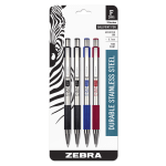 Zebra Pen F-301 Stainless Steel Retractable Ballpoint Pens, Pack Of 4, Fine Point, 0.7 mm, Silver Barrel, Assorted Ink Colors