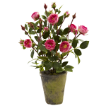 Nearly Natural French Rose 14inH Plastic Plant Garden With Pot, 14inH x 9inW x 7inD, Pink/Green