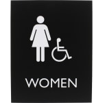 Lorell Womens Handicap Restroom Sign - 1 Each - Women Print/Message - 6.4in Width x 8.5in Height - Rectangular Shape - Surface-mountable - Easy Readability, Braille - Plastic - Black