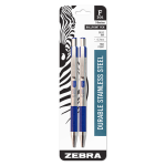 Zebra Pen BCA F-301 Ballpoint Pens, Fine Point, Stainless Steel Barrel, Blue Ink, Pack Of 2