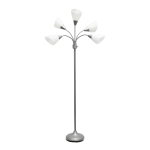 Simple Designs 5-Light Adjustable Gooseneck Floor Lamp, 67inH, White Shade/Silver Base