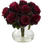 Nearly Natural Rose 11inH Plastic Floral Arrangement With Vase, 11inH x 11inW x 11inD, Burgandy