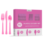 Amscan 8016 Solid Heavyweight Plastic Cutlery Assortments, Bright Pink, 80 Pieces Per Pack, Set Of 2 Packs