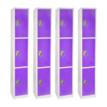 Alpine Large 3-Tier Steel Lockers, 72inH x 12inW x 12inD, Purple, Pack Of 4 Lockers