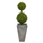 Nearly Natural Boxwood Double Ball Topiary 4'H Artificial Tree With Planter, 48inH x 13inW x 13inD, Green/Gray