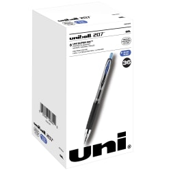 uni-ball 207 Retractable Fraud Prevention Gel Pens, Medium Point, 0.7 mm, Black Barrel, Blue Ink, Pack Of 36