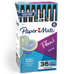 Paper Mate Flair Porous-Point Pens, Medium Point, 0.7 mm, Black Barrel, Black Ink, Pack Of 36 Pens