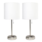 LimeLights Brushed Steel Stick Lamp with Charging Outlet and White Fabric Shade 2 Pack Set