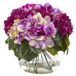 Nearly Natural Hydrangea 11inH Plastic Floral Arrangement With Round Glass Vase, 11inH x 12inW x 12inD, Multi-Tone Beauty